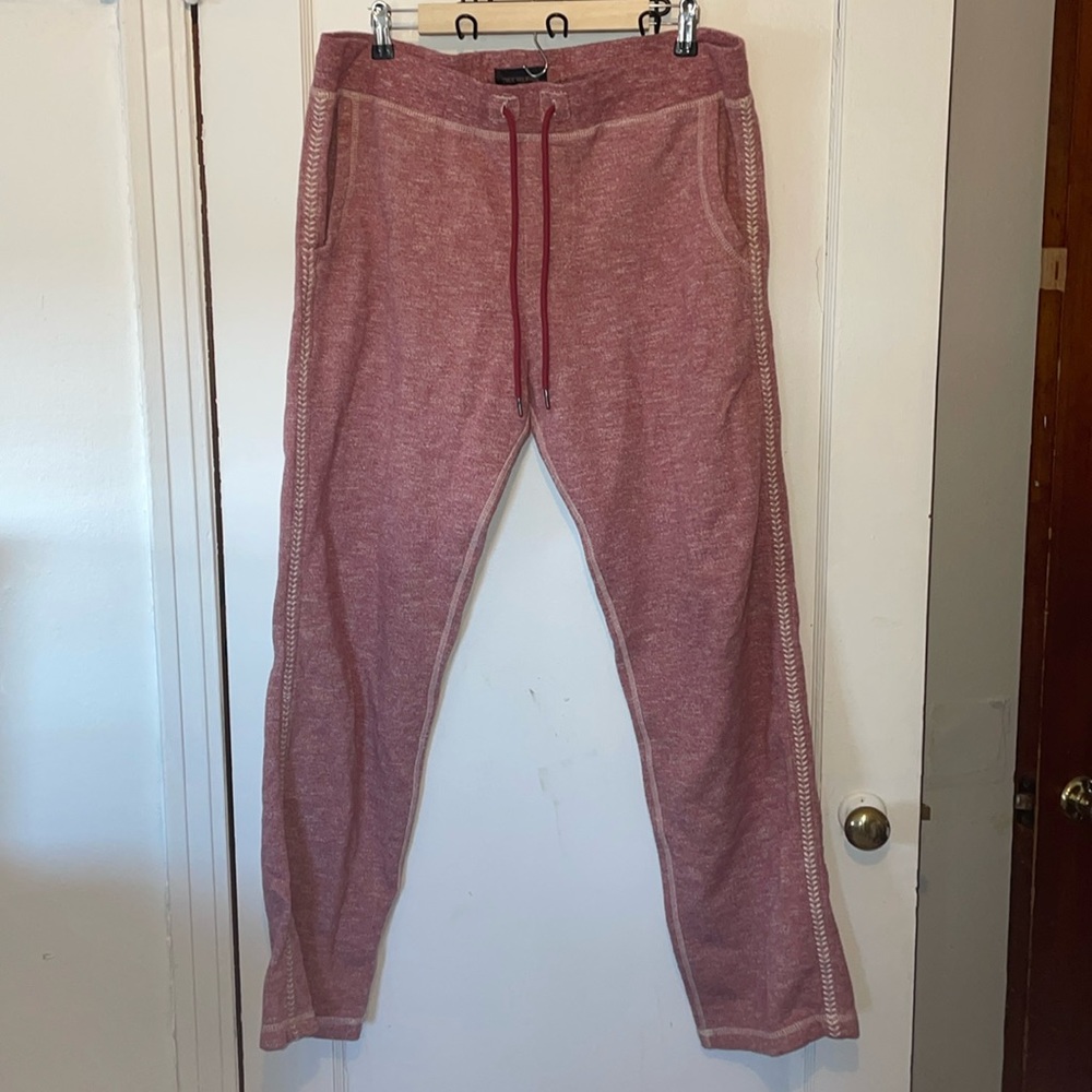 True Religion baseball wide leg sweatpants in ruby red with stitching detail